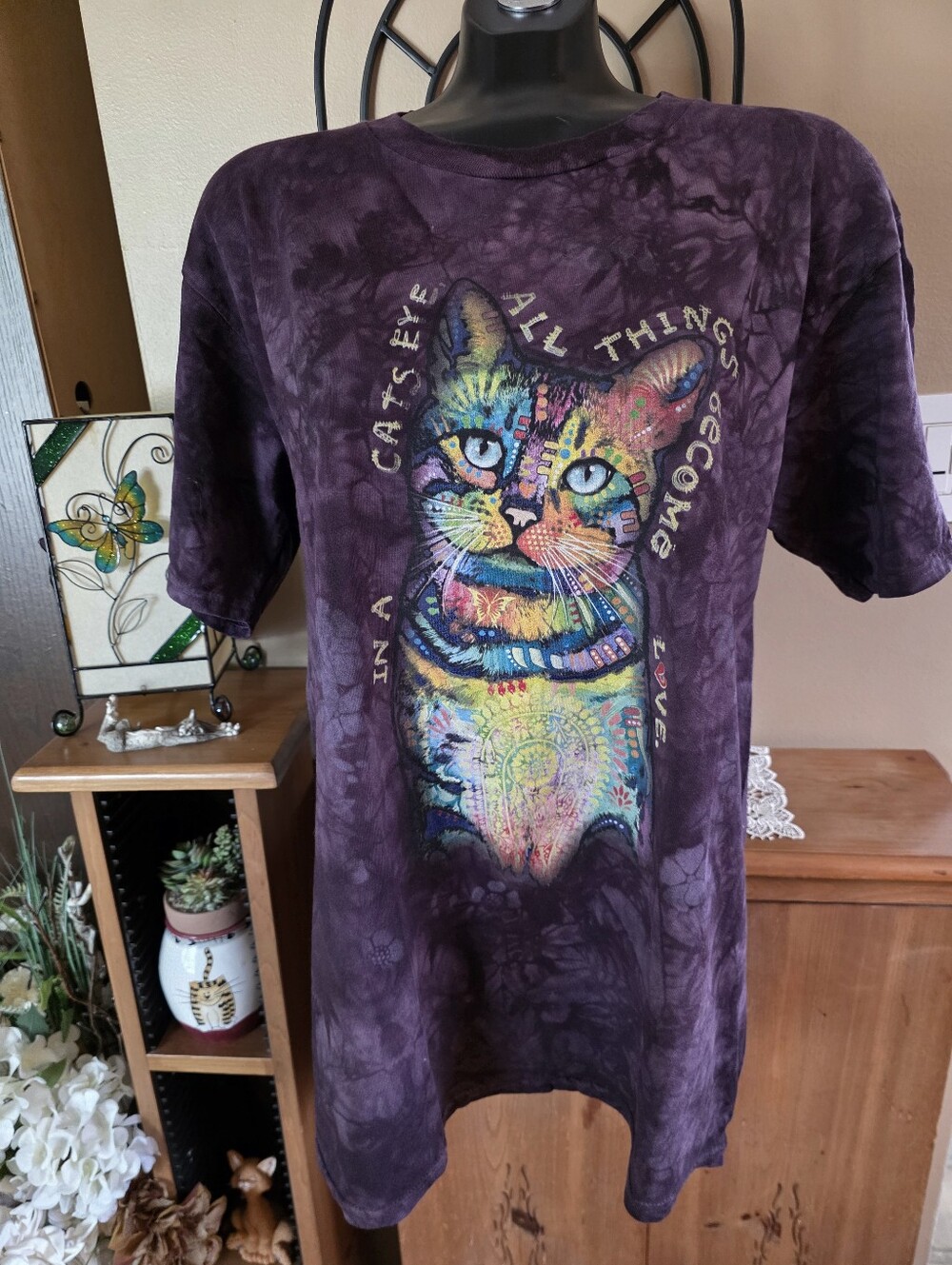 Dark Purple Tie-Dye Cat Eyes Unisex Graphic 100% Cotton Tee Size L